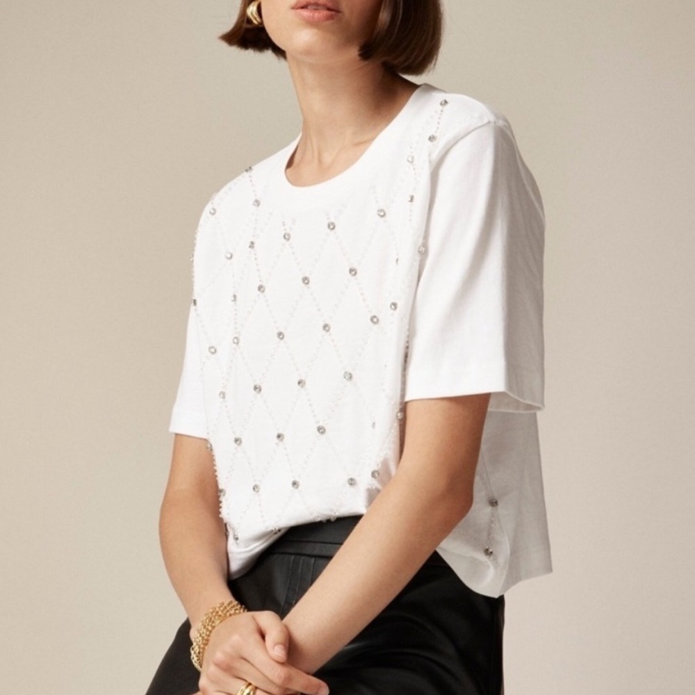 J. Crew Relaxed Lattice Embellished Crop Tee White Small